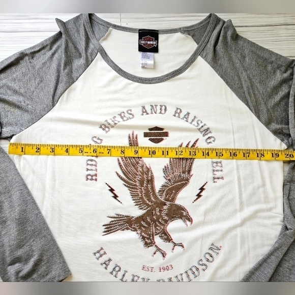 Harley-Davidson Riding Bikes Raising Hell Long Sleeve Cream Rhinestone Top Sz 1X - Picture 10 of 11